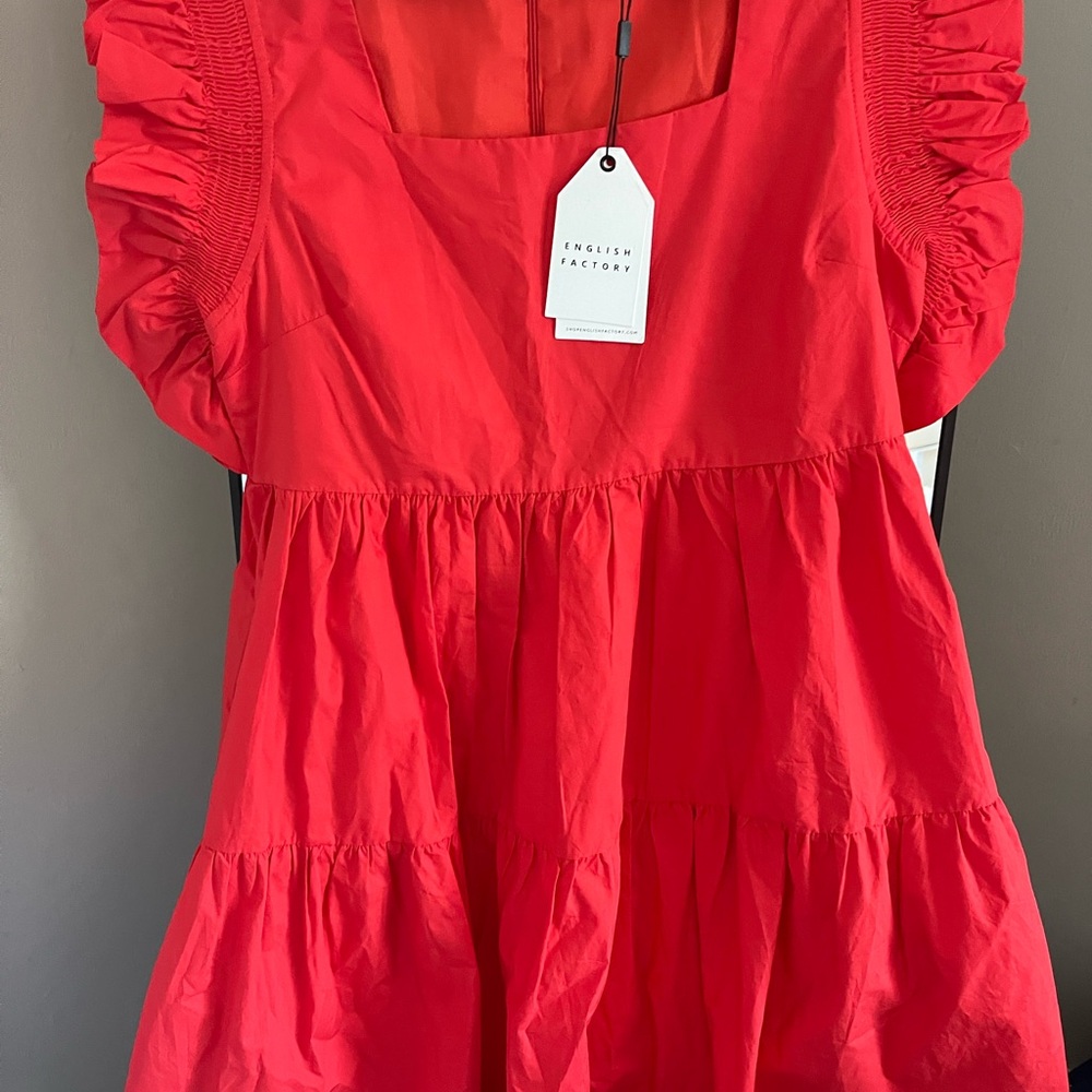 NWT English Factory Women’s Ruffled Dress with Smocked Detailing in Red - Picture 3 of 7